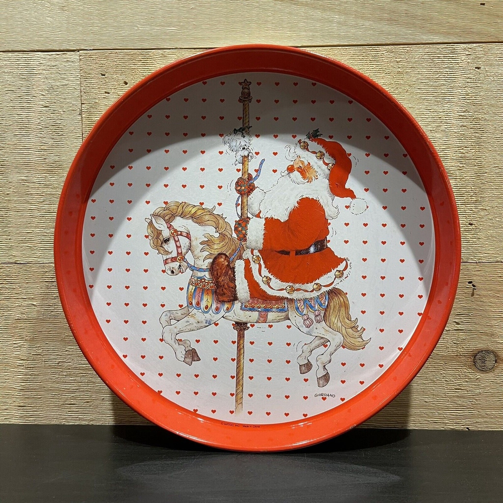 VTG‎ 1991 Giordano Giftco Santa Riding A Carousel Horse Round Metal Tin Tray